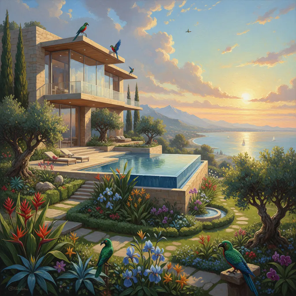gemini-2.5-flash-image_créer_un_magnifique_painting_d_une_maison_de_luxe_sur_une_colline_avec_une_bell-0.webp