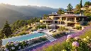 A luxurious mountain house surrounded by a meticulously landscaped garden adorned with beautiful, vibrant flowers. The property also features a spacious parking area and a sparkling swimming pool, all set against.webp