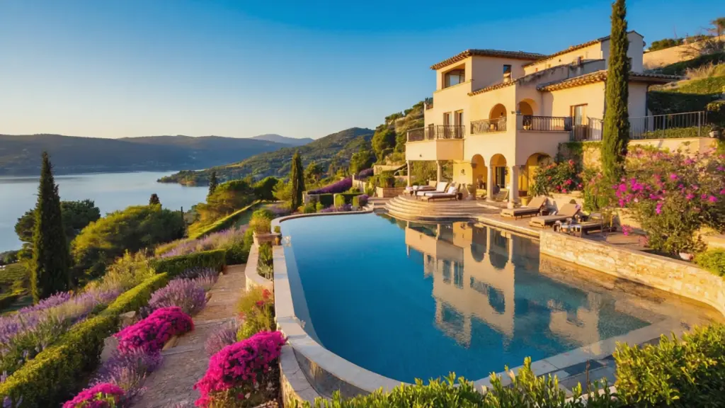 A luxurious villa perched elegantly on a hill, featuring a sparkling swimming pool and a vibrant garden bursting with colorful flowers, all perfectly reflected in a serene body of water or a polished surface. The.webp