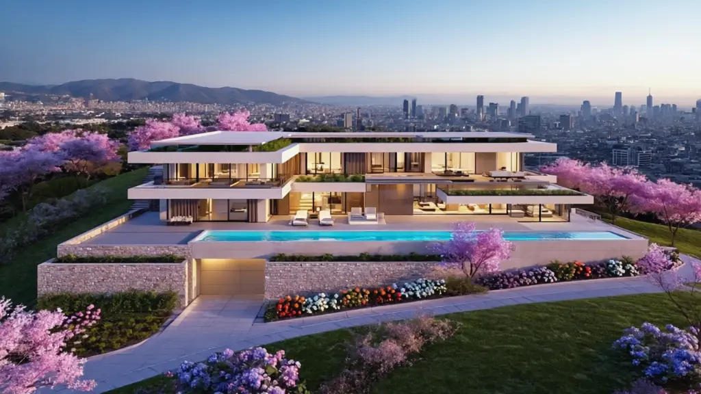 A very luxurious house located on a sloping plot in an urban setting, surrounded by a vibrant flower garden. The property includes a spacious parking area and a sparkling swimming pool, all seamlessly integrated .webp
