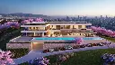 A very luxurious house located on a sloping plot in an urban setting, surrounded by a vibrant flower garden. The property includes a spacious parking area and a sparkling swimming pool, all seamlessly integrated .webp