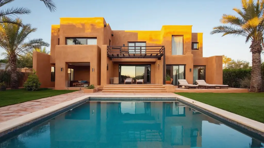 A luxurious duplex constructed from traditional earth bricks, featuring a sparkling swimming pool, blending rustic charm with opulent comfort..webp