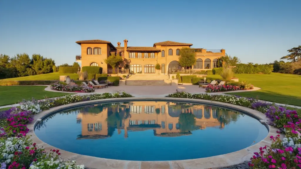 A luxurious brick house perched elegantly on a hill, featuring a sparkling swimming pool, a vibrant flower garden, and a spacious car park, all perfectly reflected in a serene body of water or a polished surface..webp