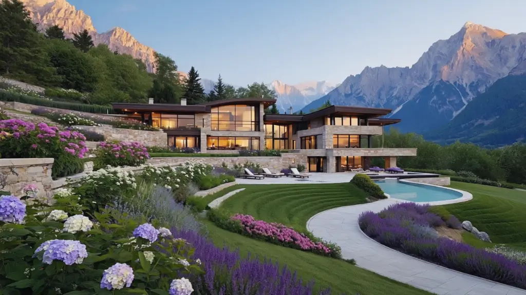 A very luxurious house nestled in the mountains, surrounded by a magnificent garden bursting with vibrant flowers. The property includes a spacious parking lot and a sparkling swimming pool, all set against the b.webp